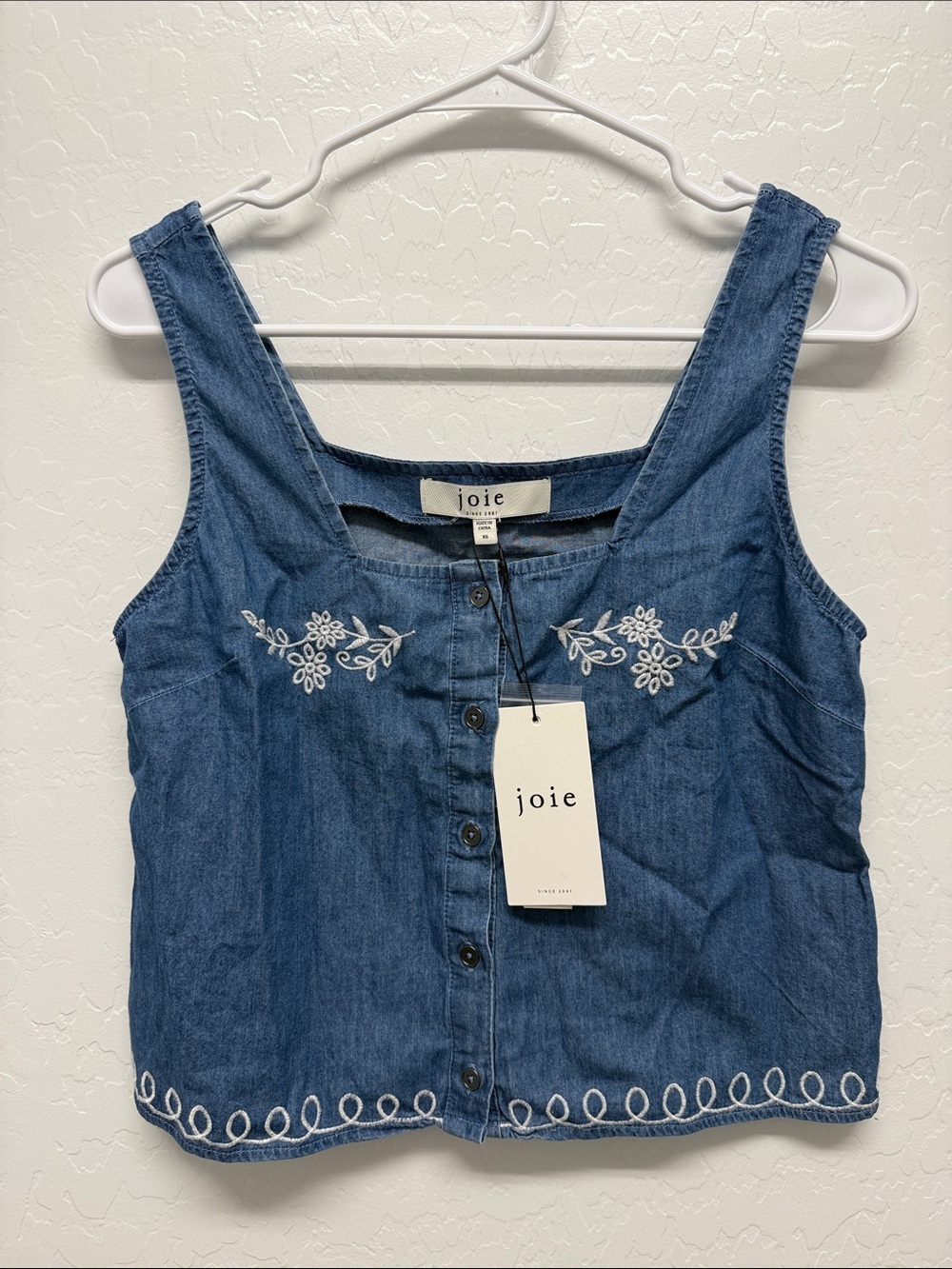 Joie Blue Denim Embroidered Button-Front Crop Tank
